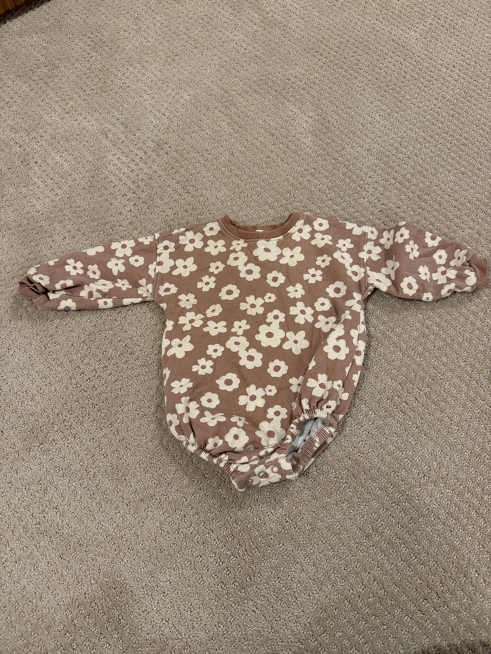 Cream Floral Long-Sleeve Baby One-Piece in Taupe
